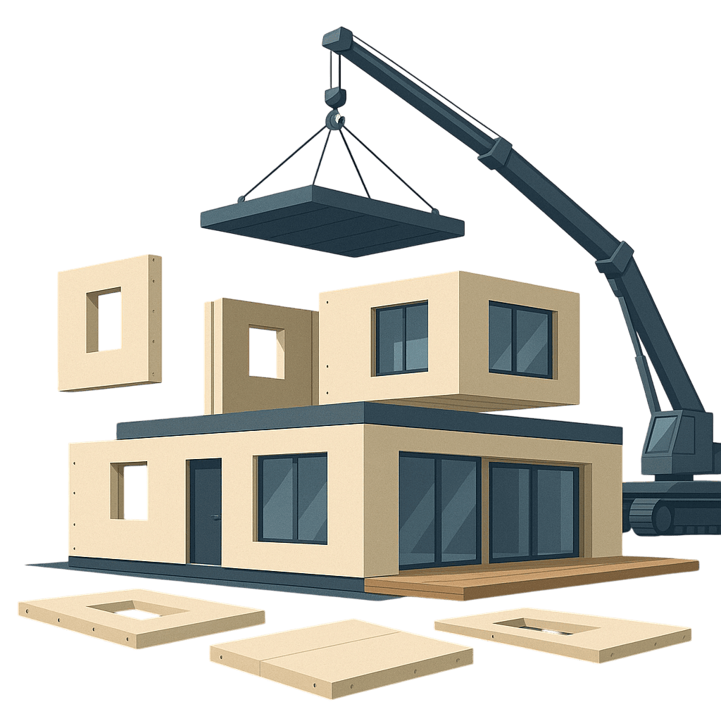 Визуализация процесса сборки модульного дома из prefab конструкций Модульный дом из prefab панелей (иллюстрация)